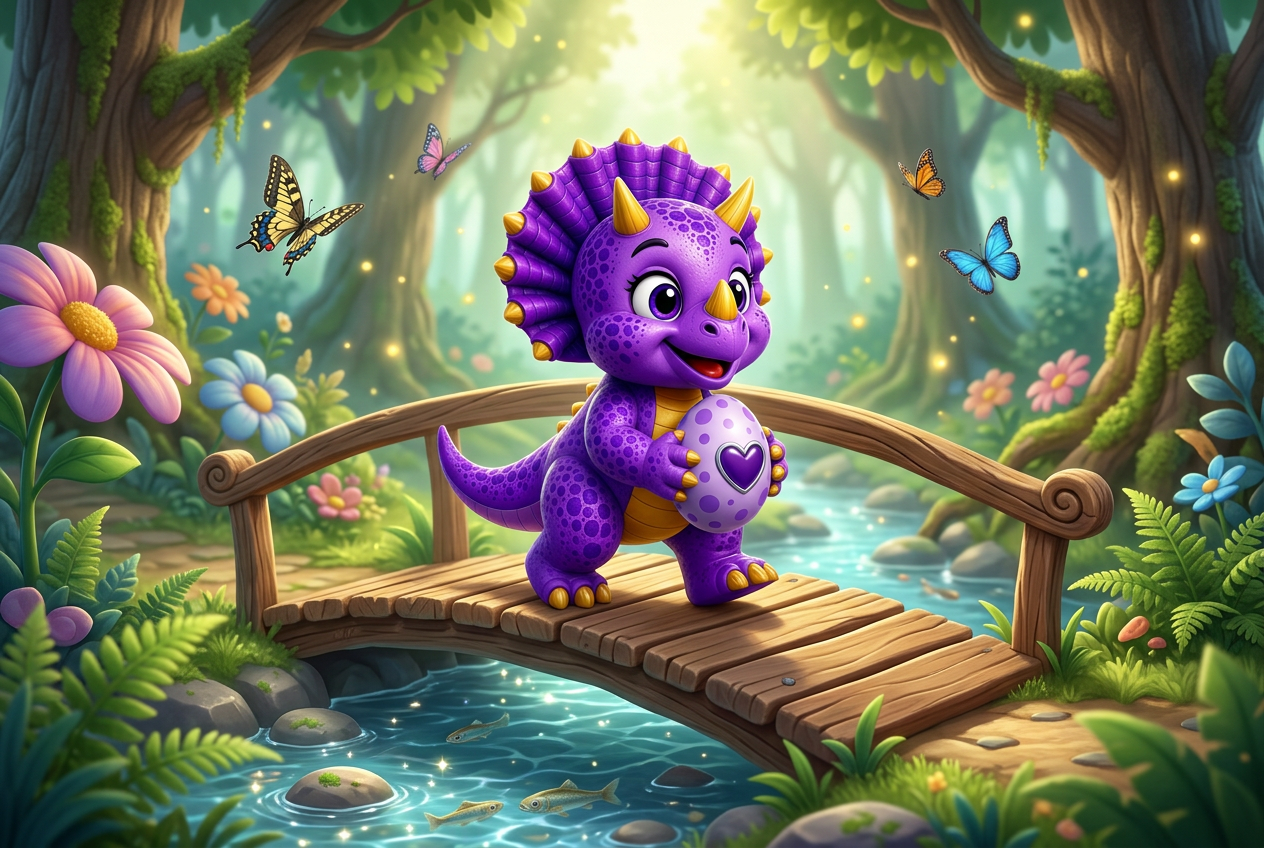 Tootie crossing Friendship Bridge holding the Amethyst Heart Egg