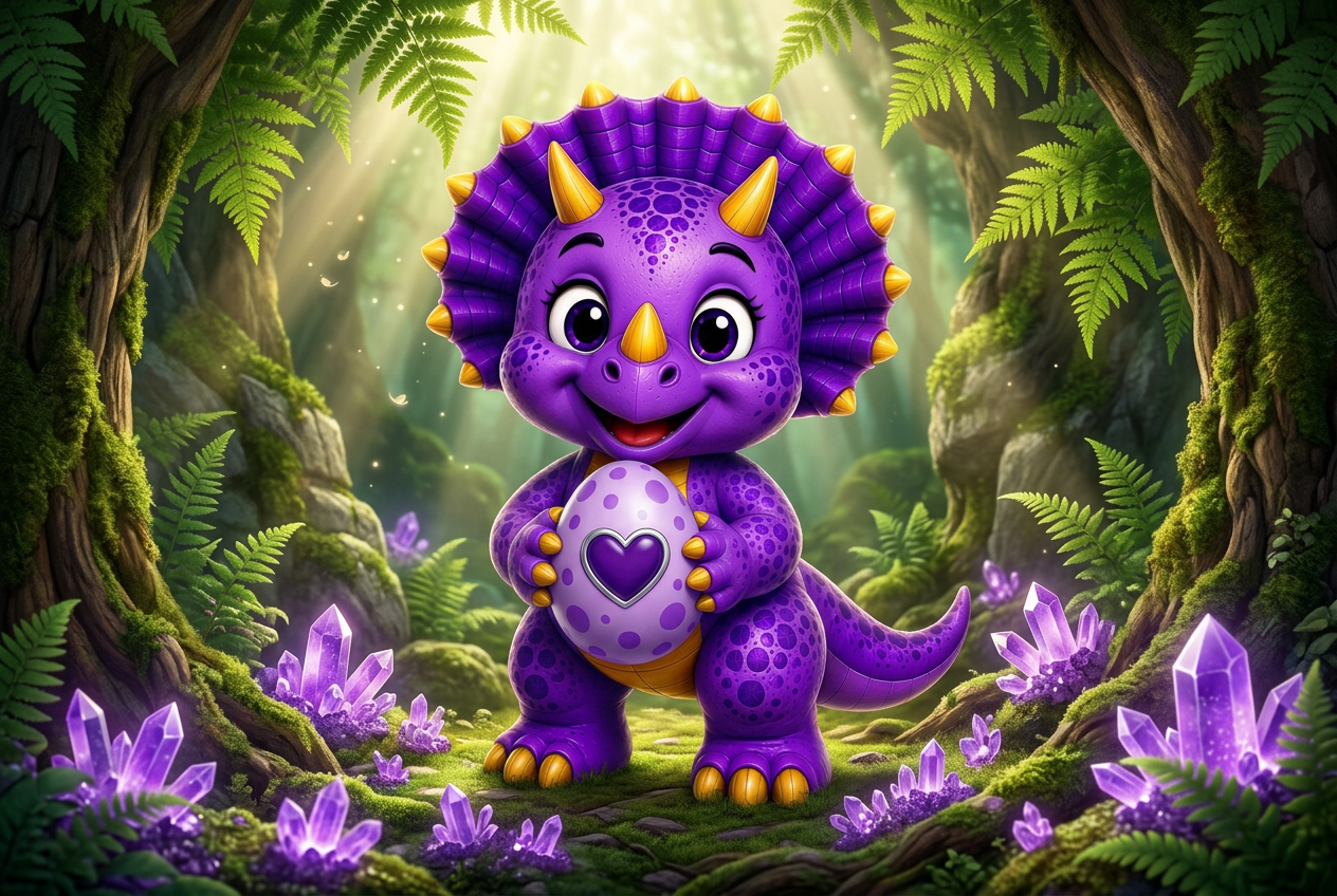 Tootie kneeling among purple crystals in Egg Hollow, holding the Amethyst Heart Egg