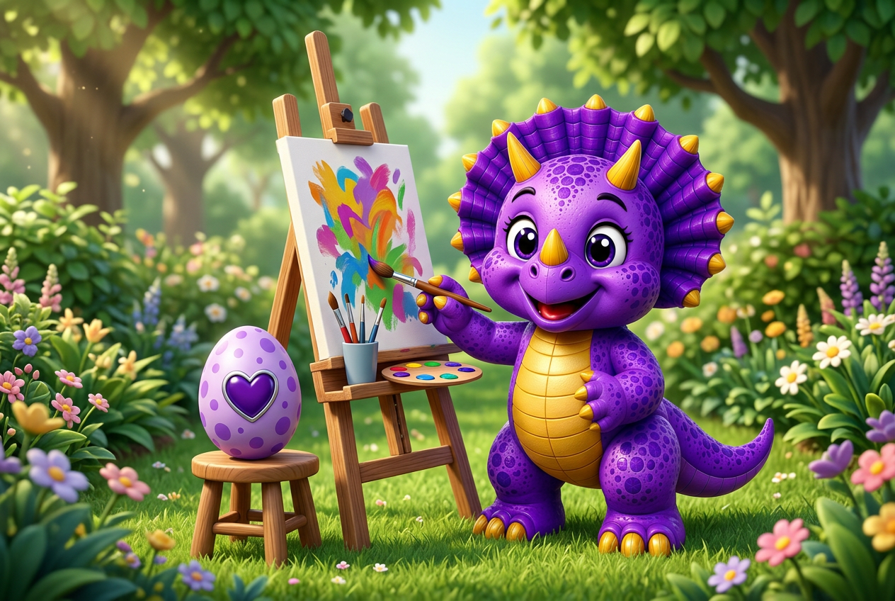 Tootie painting at an easel beside the Amethyst Heart Egg