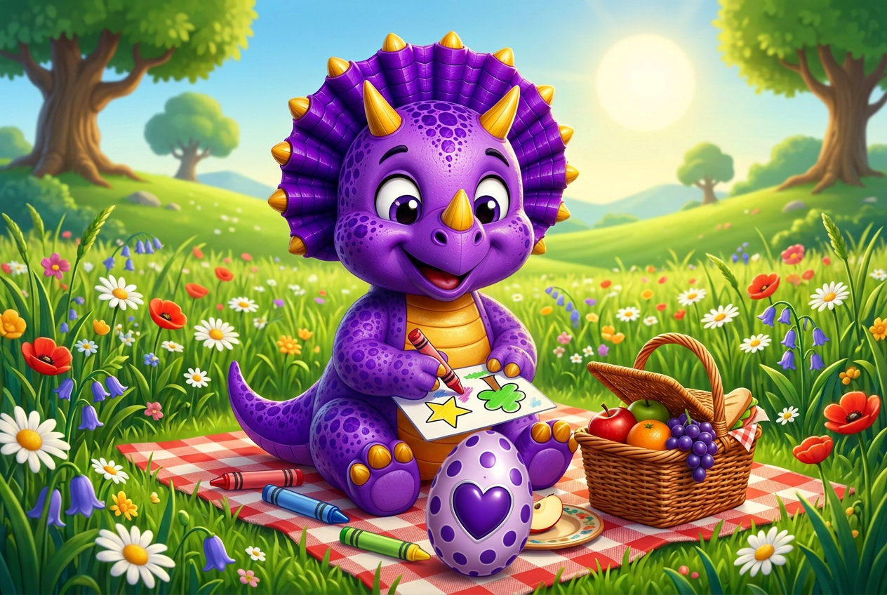 Tootie enjoying a coloring activity on a picnic blanket in Heart Meadow with the Amethyst Heart Egg nearby