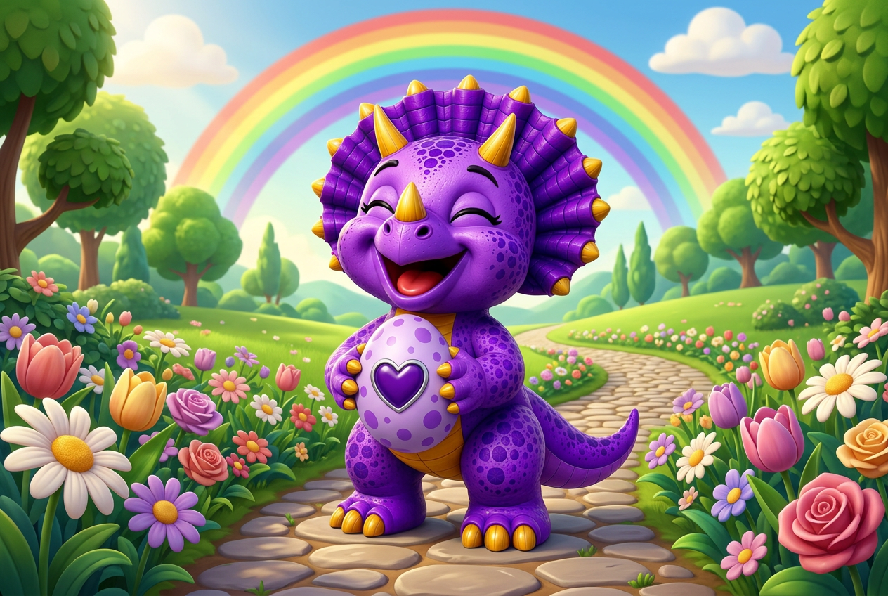 Tootie laughing at a rainbow along the garden path, holding the Amethyst Heart Egg