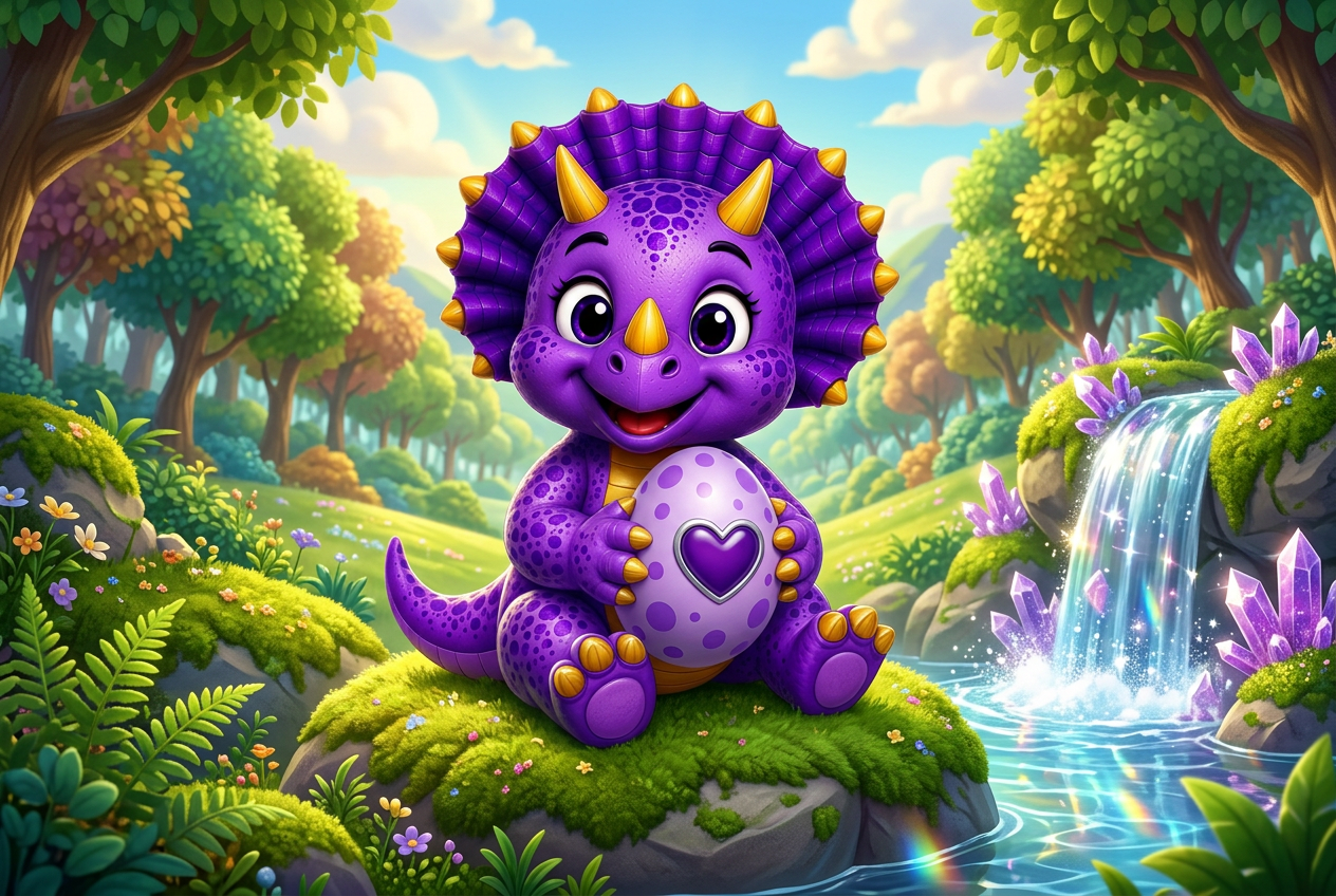 Tootie sitting beside the sparkling Amethyst Heart Waterfall
